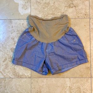 Blue and white striped maternity shorts